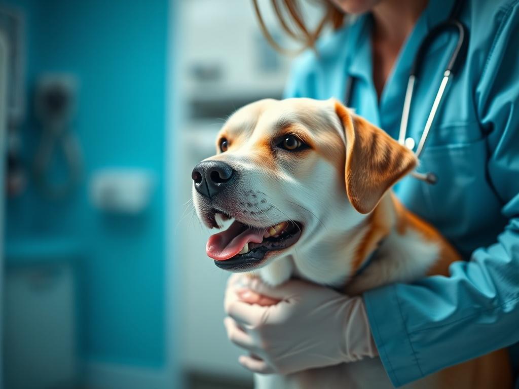 A close-up of a veterinarian examining a healthy dog in a clinic setting. The background should be softly blurred to focus on the vet and the dog, highlighting their interaction. The color scheme should reflect a calming ambiance with shades of blue and green, promoting a sense of trust and care.