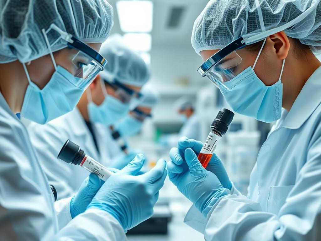 A close-up image of a quality control laboratory with technicians inspecting veterinary products. The focus should be on the meticulous examination of samples under bright lighting, conveying a sense of precision and attention to detail. The color palette should reflect cleanliness with shades of white and blue.