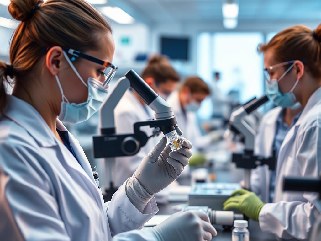 A close-up shot of a modern veterinary lab where scientists are developing new veterinary products. The scene should include lab equipment, researchers in lab coats, and a focus on a new product being analyzed. The colors should reflect a clean and advanced atmosphere, with blue tones highlighting technology.