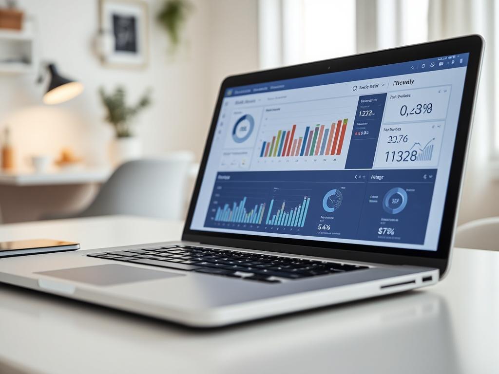 A close-up shot of a laptop displaying a sleek and modern SaaS dashboard on the screen, symbolizing data analysis and efficiency. The laptop is placed on a clean white desk with a subtle blurred background of a cozy workspace. The lighting is bright and natural, emphasizing the vibrant colors of the dashboard. The overall composition is simple, focusing solely on the laptop and the dashboard, shot with a 45mm f/1.2 lens for a hyper-realistic effect.