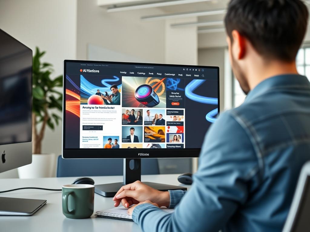 A modern workspace showcasing an AI-powered website design on a sleek desktop monitor. The monitor displays a vibrant and visually appealing website layout, with dynamic graphics and engaging content. A person is seated in front of the monitor, actively working on the design, with a notepad and coffee cup on the side. The background is a bright, minimalistic office space with soft natural lighting, highlighting the creativity and technology in the environment. The composition should focus on the person and 