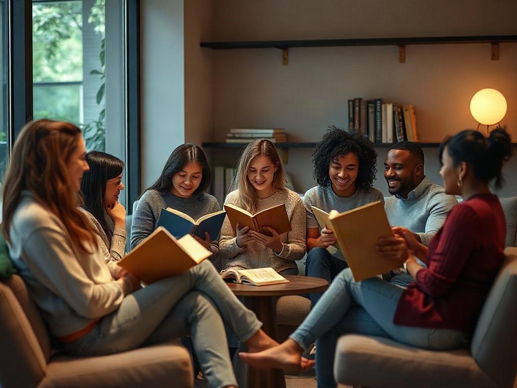 A cozy reading group in a modern setting, with diverse individuals engaged in animated conversation. The atmosphere should feel inviting and intellectual, with warm lighting and simple decor, highlighting the joy of community engagement in literature.