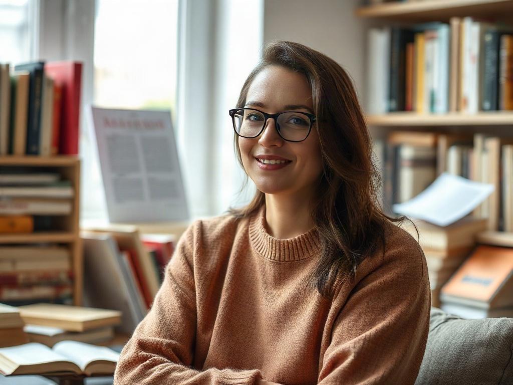 A portrait of the author in a serene setting, surrounded by books and natural light. The image should convey a sense of wisdom and creativity, with soft colors and clean lines, emphasizing the author's connection to literature and philosophy.