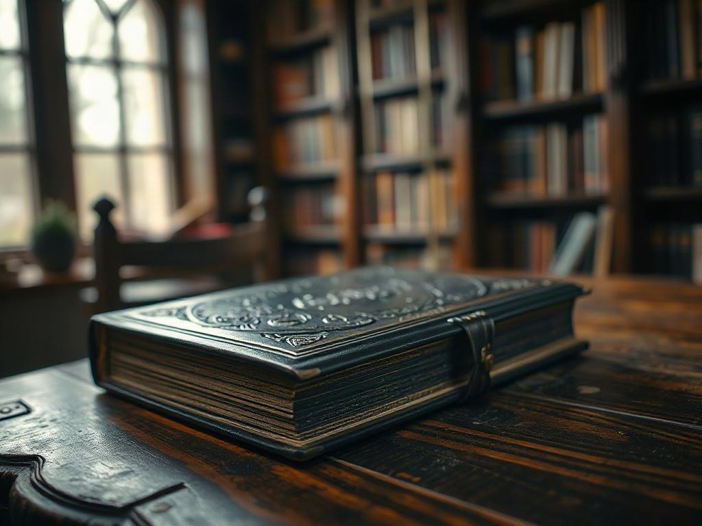 A hyper-realistic close-up shot of a mysterious book, resting on an antique wooden table. The book's cover features intricate, embossed designs with a dark, enigmatic color palette. Soft, ambient light illuminates the scene, casting gentle shadows and highlighting the textures of the book and the table. In the background, blurred hints of a cozy, dimly lit library filled with shelves of books create an inviting yet mysterious atmosphere.