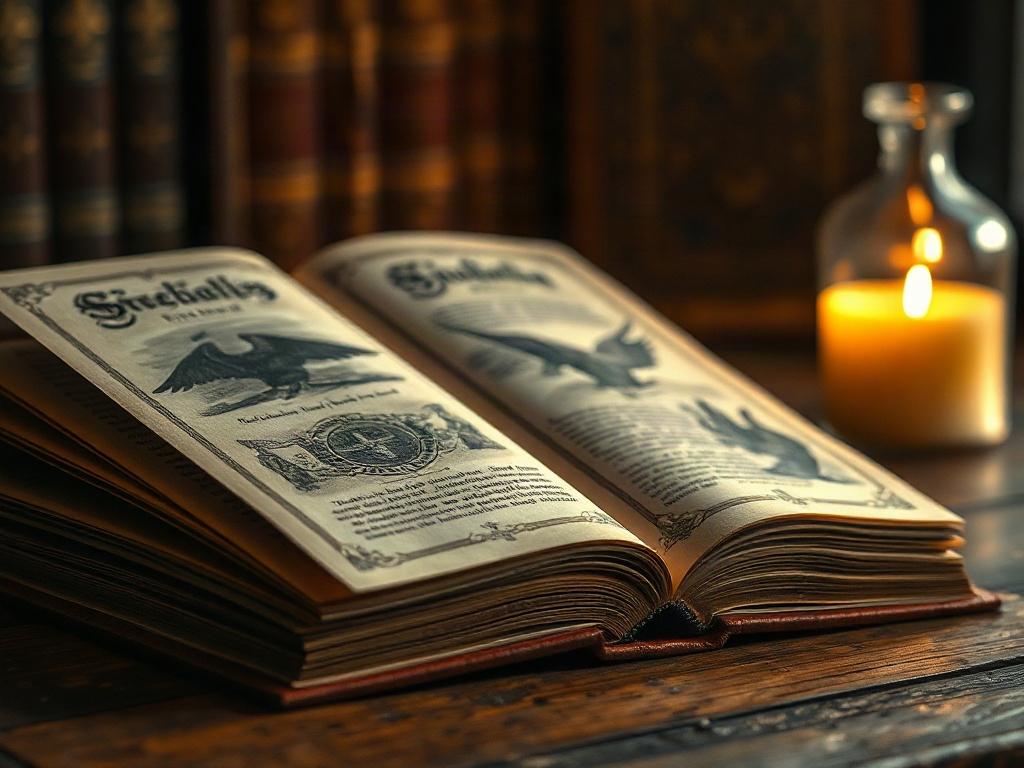 Create a hyper-realistic close-up shot of an open book with pages turning, revealing intricate illustrations and text that hint at a mysterious story. The setting should be soft and atmospheric, with a warm glow illuminating the book, creating an immersive feel. The background should be blurred to focus on the book, and the overall color palette should incorporate shades of gold and deep browns, matching the primary color rgb(193, 153, 87).