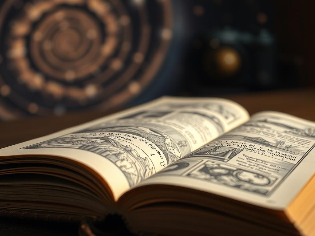 A close-up shot of an open book with pages gently turning, showcasing intricate illustrations that represent the themes of memory and consciousness. The background features a soft focus of swirling galaxies and cosmic elements, creating a sense of depth and mystery. The lighting is warm, with shades of gold and brown, enhancing the book's textures and inviting the viewer into the narrative. The composition should be simple and clear, focusing solely on the book as the subject.