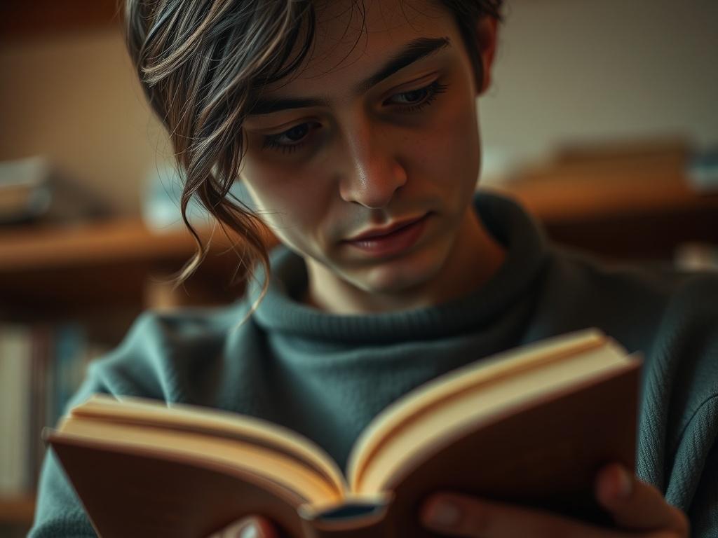 A close-up shot of a person reading a book, deeply engrossed in thought. The image captures their facial expression of curiosity and contemplation. The background is softly blurred to emphasize the reader, with a warm, inviting atmosphere. The lighting is soft and natural, highlighting the details of the book and the reader's features. The color palette aligns with rgb(193, 153, 87), creating a harmonious visual experience.
