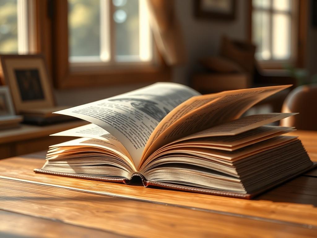 A hyper-realistic close-up shot of an open book resting on a wooden table. The pages are gently turned, revealing intricate illustrations and text. Soft, natural light filters in from a nearby window, casting gentle shadows. The background is blurred, focusing on the book, with a warm color palette that includes shades of soft browns and golds, harmonizing with the primary color rgb(193, 153, 87).