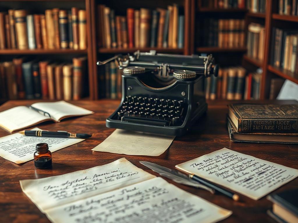 A hyper-realistic close-up shot of a writer's desk. The desk is made of polished dark wood, with a vintage typewriter positioned prominently in the center. There are scattered sheets of parchment paper with handwritten notes, an ink bottle, and a quill. The background features a softly blurred bookshelf filled with classic literature. The lighting is warm and inviting, casting gentle shadows across the desk surface, emphasizing the textures of the wood and paper.