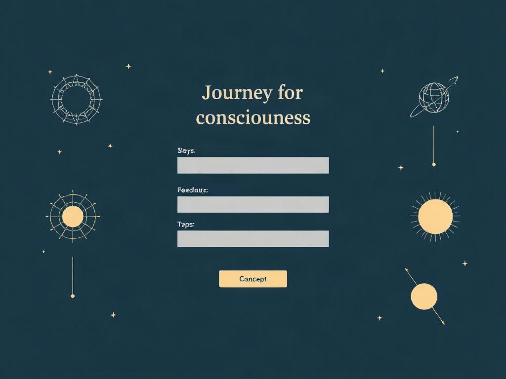 A clean and minimalistic feedback form layout on a website, featuring elegant typography and a calming color palette. The form is surrounded by subtle illustrations of cosmic elements, symbolizing the journey of consciousness, inviting readers to share their thoughts, with an emphasis on simplicity and user engagement.