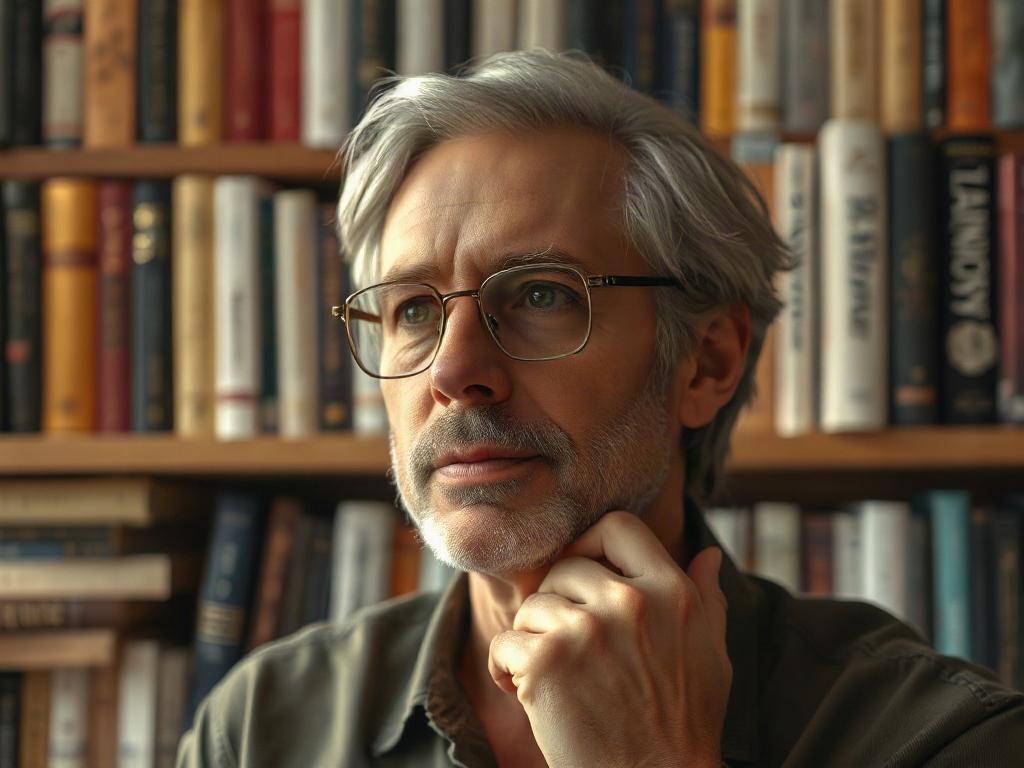 A close-up portrait of the author in a contemplative pose, set against a softly blurred bookshelf filled with philosophical and sci-fi literature. The lighting is warm and inviting, emphasizing the author's thoughtful expression and the creative atmosphere, suggesting a deep connection with the themes of memory and consciousness in their work.