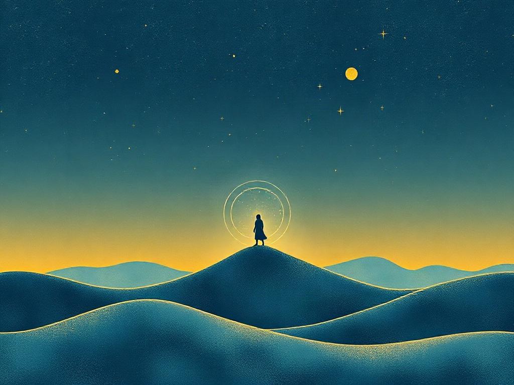 A minimalist book cover design featuring a serene cosmic landscape with soft colors of gold and blue. The center showcases an abstract representation of a soul journeying through the cosmos, surrounded by delicate stars and gentle waves of perception, highlighting the essence of memory and consciousness.