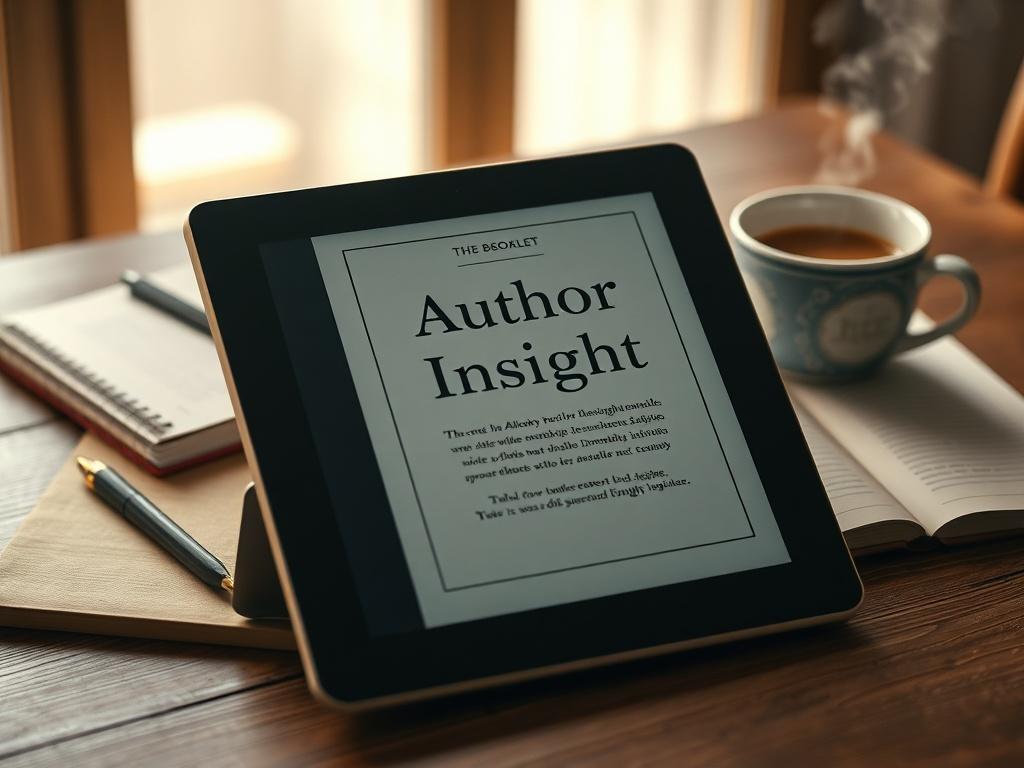 A high-resolution image of a digital tablet displaying the cover of a booklet titled 'Author's Insights.' The tablet is placed on a wooden desk with a notebook and a steaming cup of coffee beside it. The background includes soft, natural lighting, creating a cozy and intellectual atmosphere.