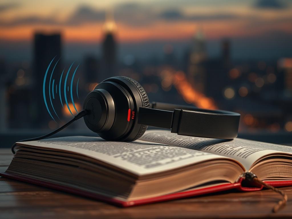 A high-resolution image of a pair of high-quality headphones resting on an open book, with sound waves visually represented around them. The background features a soft-focus cityscape at dusk, symbolizing the blend of modernity and literary exploration. The headphones should be the focal point, inviting viewers to listen.