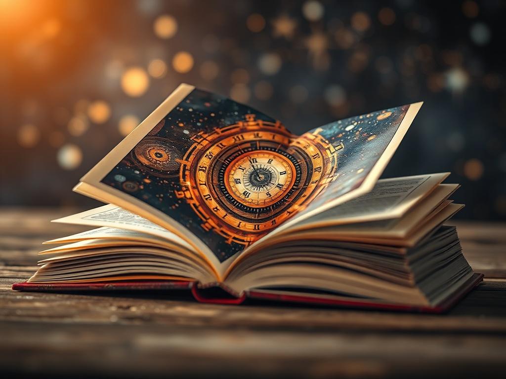 A high-resolution image of an open book with pages turning, set against a softly blurred background of stars and galaxies. The book cover features abstract art representing time and consciousness, with warm tones that evoke a sense of mystery. The focus should be sharp on the book, creating a captivating and inviting atmosphere.