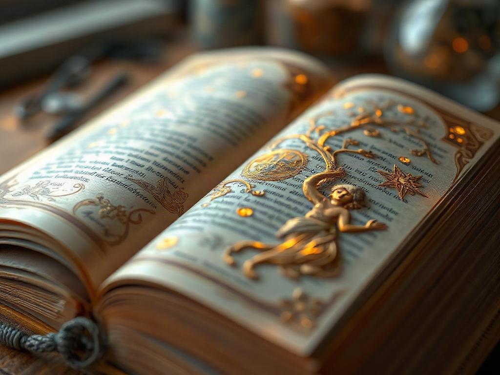 A hyper-realistic close-up shot of an open book with intricate, glowing illustrations representing memories and consciousness. The background is softly blurred, suggesting an ethereal and dreamlike atmosphere. The colors should harmonize with a warm palette, incorporating shades of gold and soft browns to evoke a sense of timelessness and depth.