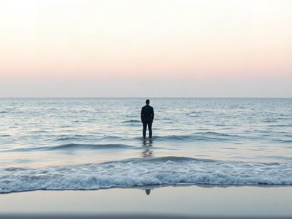 A serene and contemplative landscape featuring a lone figure standing at the edge of a vast ocean, gazing into the horizon. The sky is painted with soft pastel colors, creating a tranquil atmosphere. In the foreground, gentle waves lap against the shore, symbolizing the ebb and flow of memory. The figure, a silhouette, represents the journey of self-discovery and the exploration of consciousness. The overall composition is minimalistic, with clean lines and a focus on the essential elements of the scene.