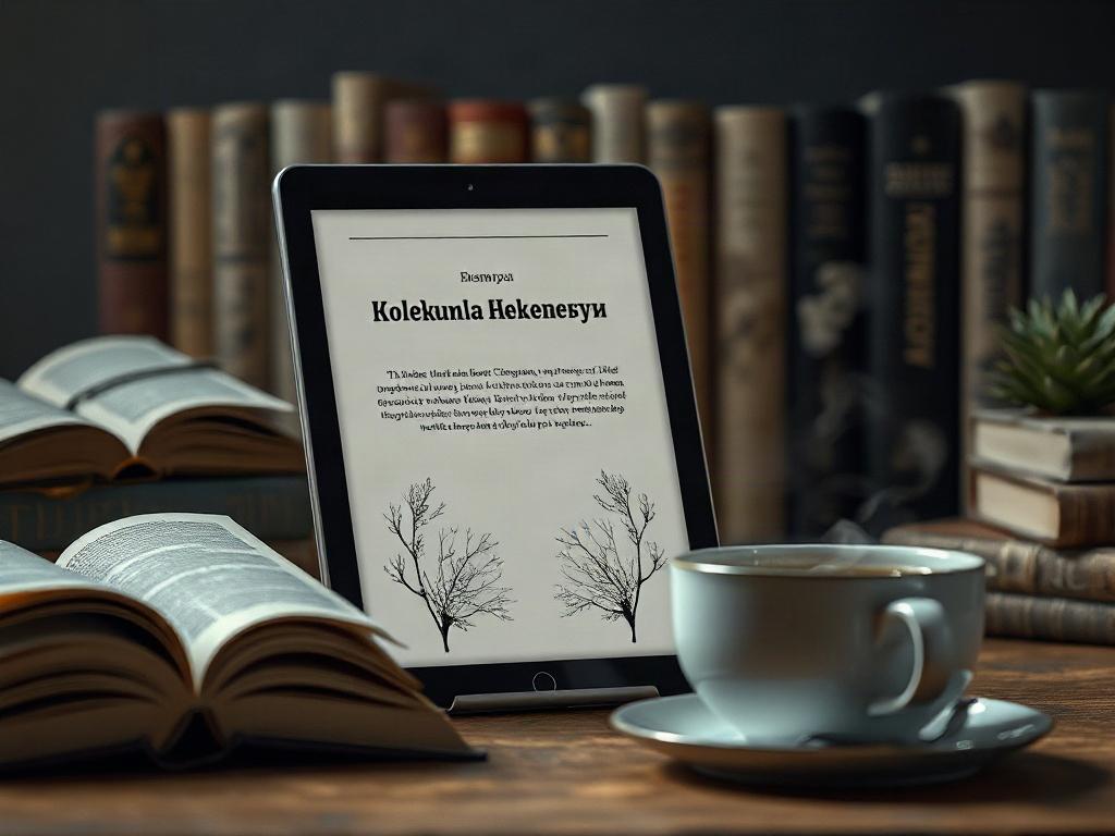 A digital tablet displaying the cover of Молекула Вечности on its screen, surrounded by a soft-focus background of books and a cozy reading nook. The tablet's sleek design contrasts with the warm ambiance of the setting. A steaming cup of tea or coffee rests next to the tablet, inviting viewers to imagine enjoying the book in a relaxing space. The composition highlights the importance of digital reading in today's literary landscape.