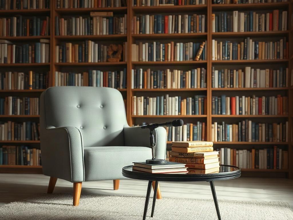 An intimate and inviting author event setup featuring a cozy armchair and a small table with a stack of books, including Молекула Вечности. Soft lighting creates a warm atmosphere, and a backdrop of bookshelves filled with literature adds a scholarly touch. A small microphone sits on the table, ready for the author to engage with the audience. The overall composition conveys a sense of connection and dialogue, inviting viewers to imagine participating in the event.