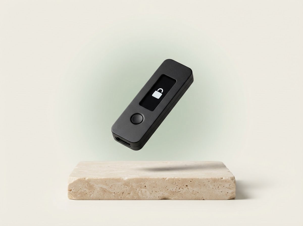 A compact hardware wallet displayed on a softly lit pedestal