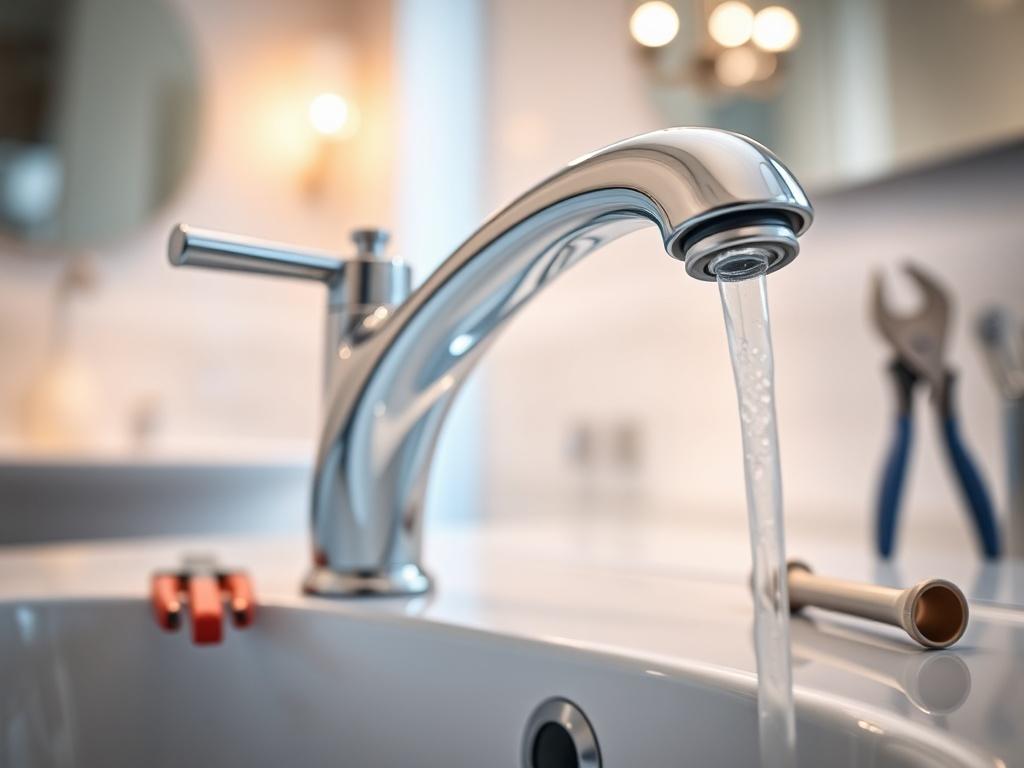 A close-up shot of a modern bathroom faucet installation, showcasing the gleaming chrome finish and intricate design. The background features a blurred, elegant bathroom setting with soft, ambient lighting that highlights the faucet's features. The focus is sharp on the faucet, capturing the details of the installation process, with tools subtly in the background. The overall composition is clean and visually appealing, reflecting a high-quality home improvement service.