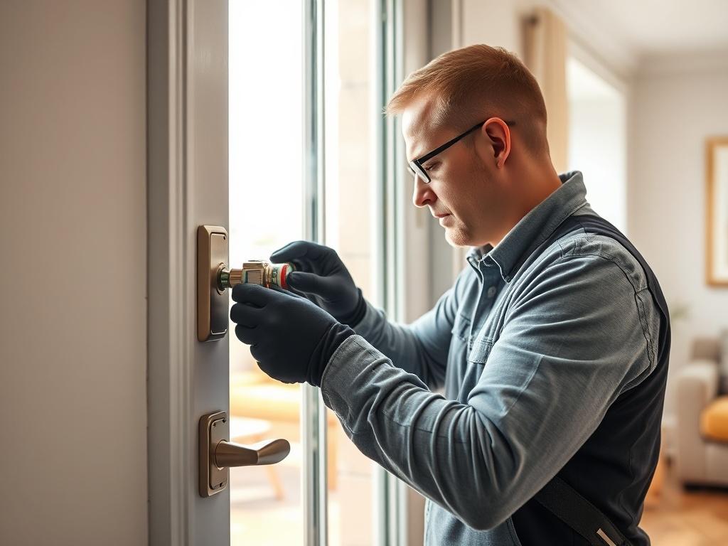 A realistic high-resolution photo of a professional installer fitting a modern door in a home setting. The focus is on the installer using precision tools to ensure a perfect fit. The background should be a well-lit and airy room with soft natural light coming through a nearby window, showcasing a clean and inviting home environment. The image should reflect a sense of care and attention to detail, captured in a close-up shot with a 45mm f/1.2 lens.