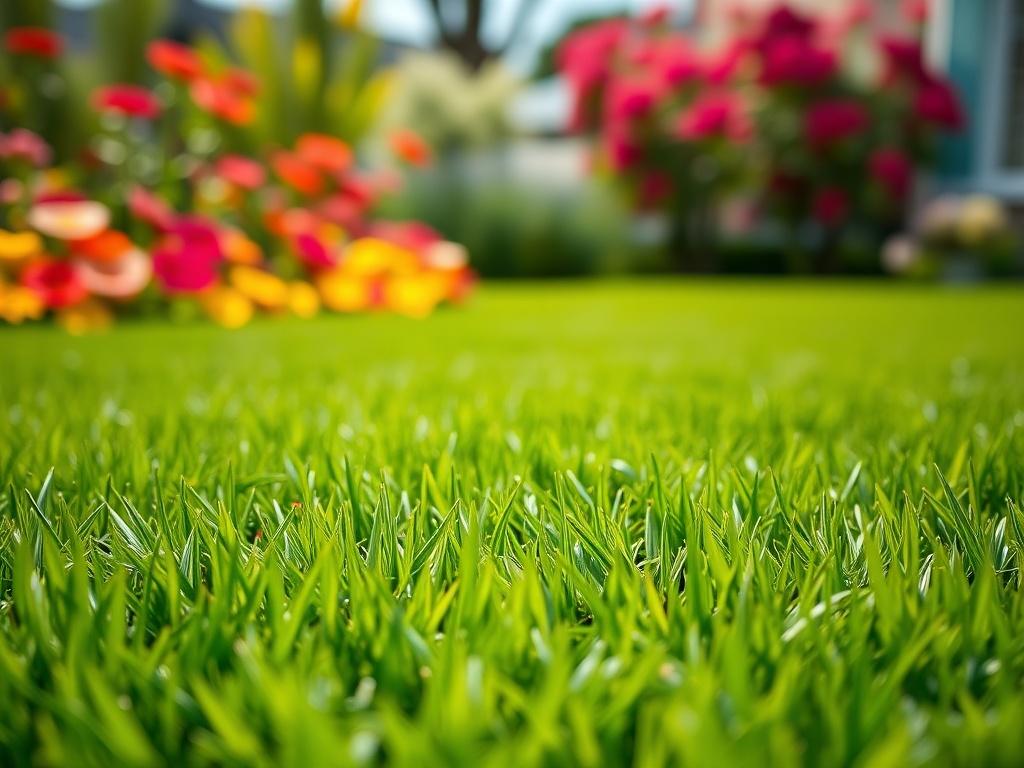A close-up shot of a well-manicured lawn with lush green grass, freshly trimmed edges, and vibrant flowers in the background. The composition should focus on the richness of the grass texture and the colors of the flowers, creating a bright and inviting atmosphere. The image should be shot with a 45mm f/1.2 lens style, ensuring a shallow depth of field that highlights the lawn's details while softly blurring the background to emphasize the beauty of the outdoor space.