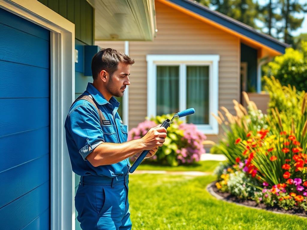 A hyper-realistic close-up shot of a painter applying a fresh coat of vibrant blue paint to the exterior of a modern house. The painter is focused on the task, wearing a professional uniform. The background features a well-maintained garden with colorful flowers and green grass, showcasing a sunny day. The overall composition emphasizes the quality of the paint and the skill of the painter, with a depth of field that highlights the details of the paint application.