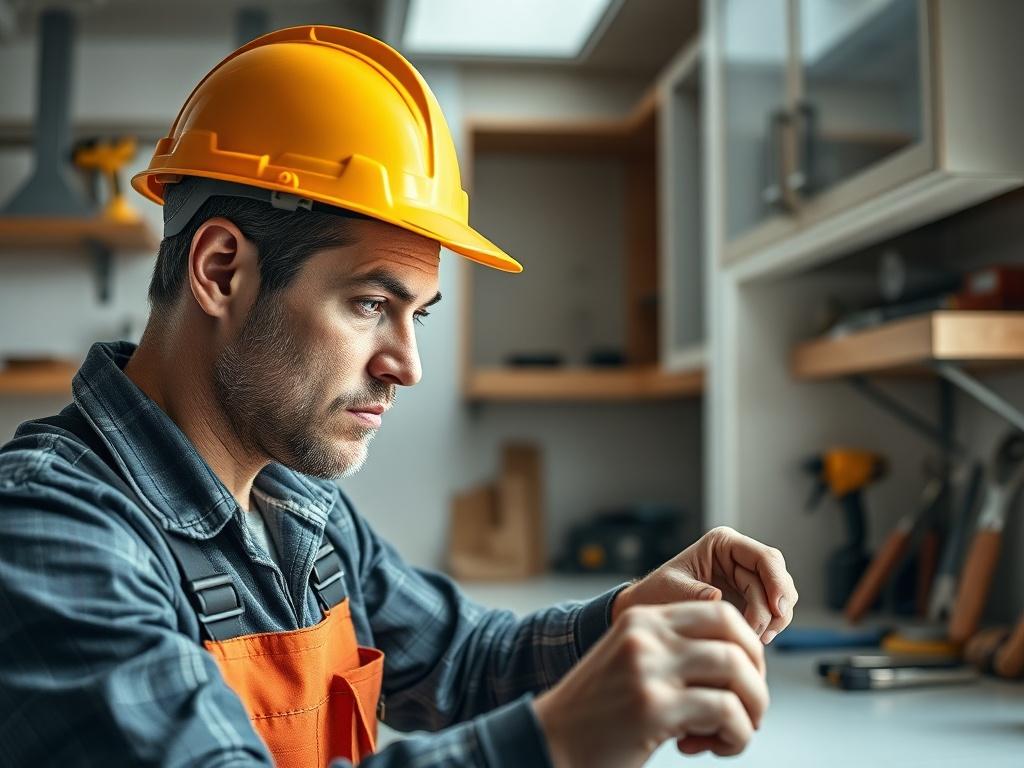 A skilled contractor focused intently on installing custom cabinetry in