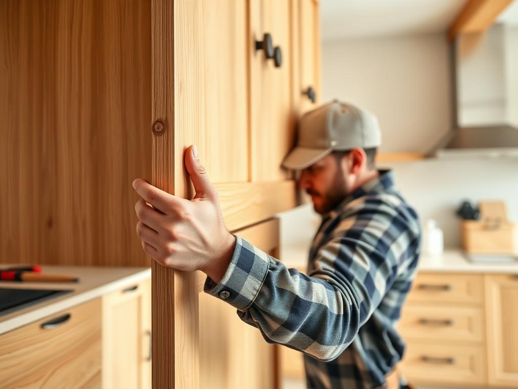 A professional carpenter meticulously installing a custom cabinet in a modern kitchen setting. The focus is on the carpenter's hands as they align the cabinet with precision, showcasing high-quality woodwork. The background features a well-lit kitchen with contemporary design elements, emphasizing cleanliness and functionality. The shot is taken with a 45mm f/1.2 lens, capturing the fine details of the wood grain and the tools used, with a warm color palette that harmonizes with the primary color rgb(243, 1
