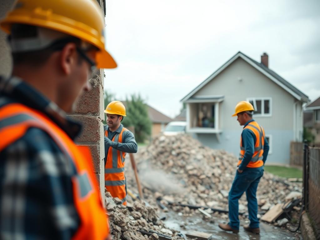 A clean and focused image of a demolition crew working on a residential property, showcasing the controlled demolition of walls and structures. The scene should highlight safety measures, with workers in hard hats and safety gear. The background should show a partially demolished area, emphasizing professionalism and efficiency.