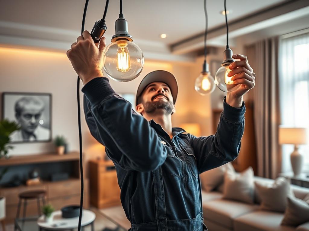 An image capturing a licensed electrician installing modern lighting fixtures in a stylish living room. The focus should be on the electrician in action, showcasing attention to detail and professionalism. The room should be well-lit, highlighting the beauty of the new fixtures and the overall ambiance.