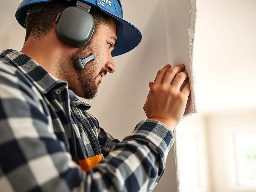 A high-resolution close-up shot of a skilled professional installing drywall in a residential setting. The image should capture the precision and craftsmanship involved in drywall installation, showcasing smooth finishes and the taping and texturing process. The background should be a well-lit room with minimal distractions, emphasizing the quality of work and attention to detail.
