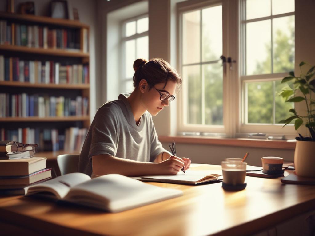 A realistic high resolution of a focused student studying at