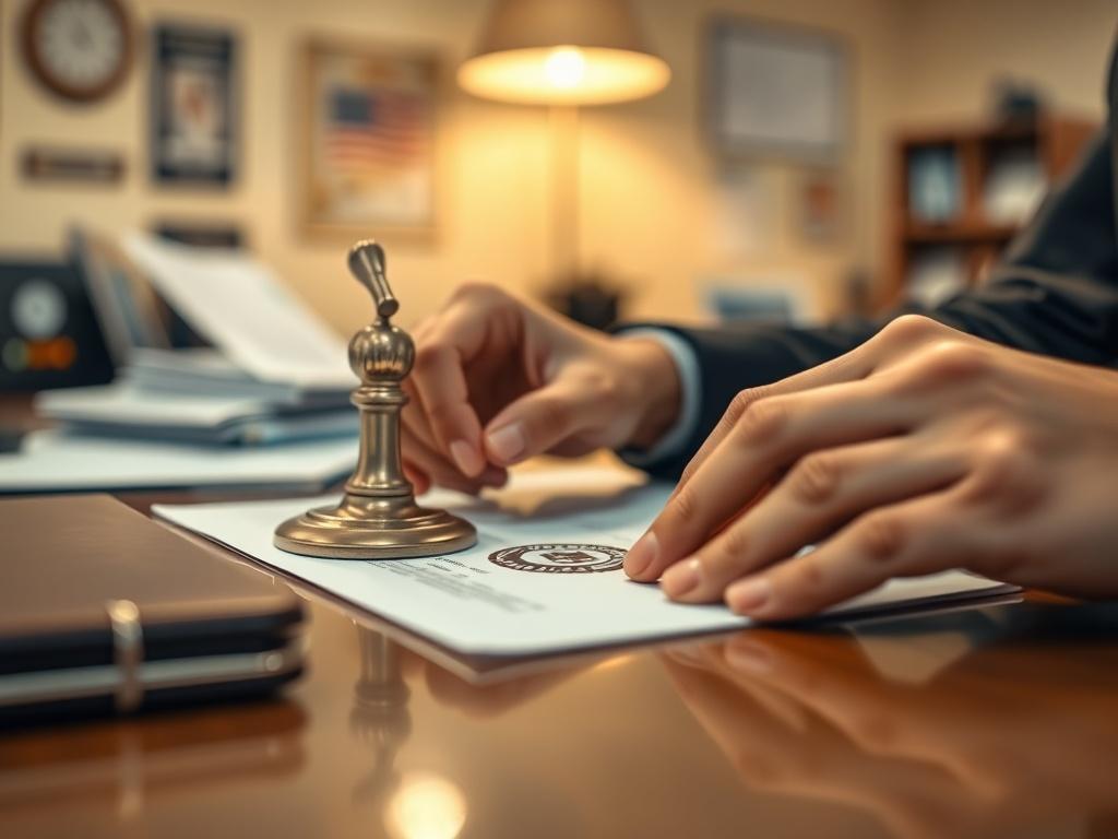 A close up shot of a notary public at work,