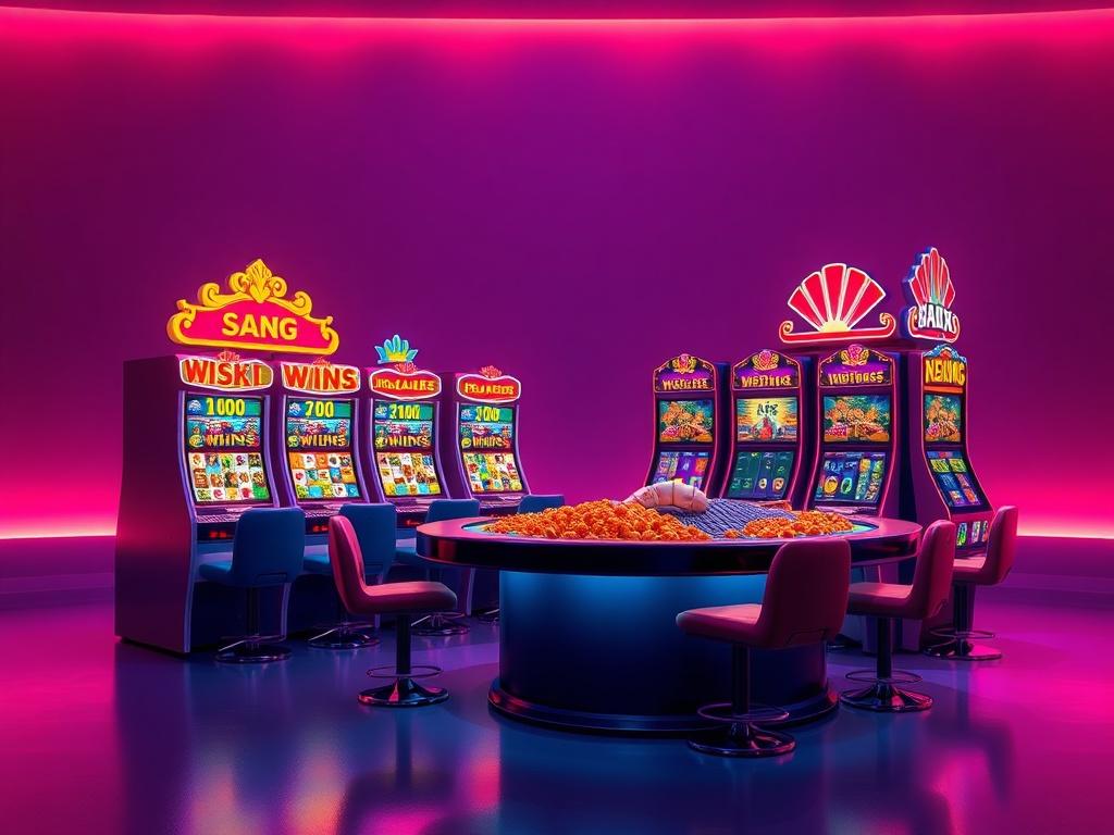 A sleek and modern online casino interface showcasing vibrant online slots and fish table games. The composition should highlight a variety of colorful slot machines and a dynamic fish table, emphasizing the excitement of big wins. The background should be minimalistic with clean lines and bold, vibrant colors that reflect a lively casino atmosphere.