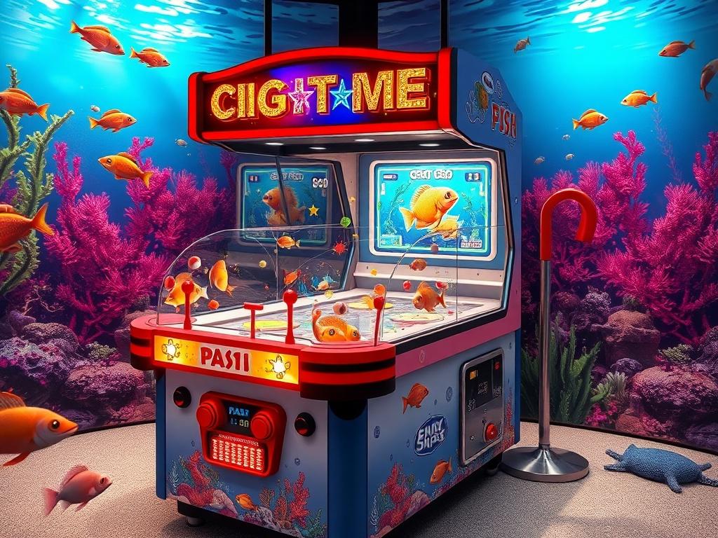 A captivating high-resolution image showcasing a fish table arcade game. The scene should feature colorful fish, shooting mechanics, and an engaging background that reflects an underwater theme, emphasizing the fun and excitement of the game.