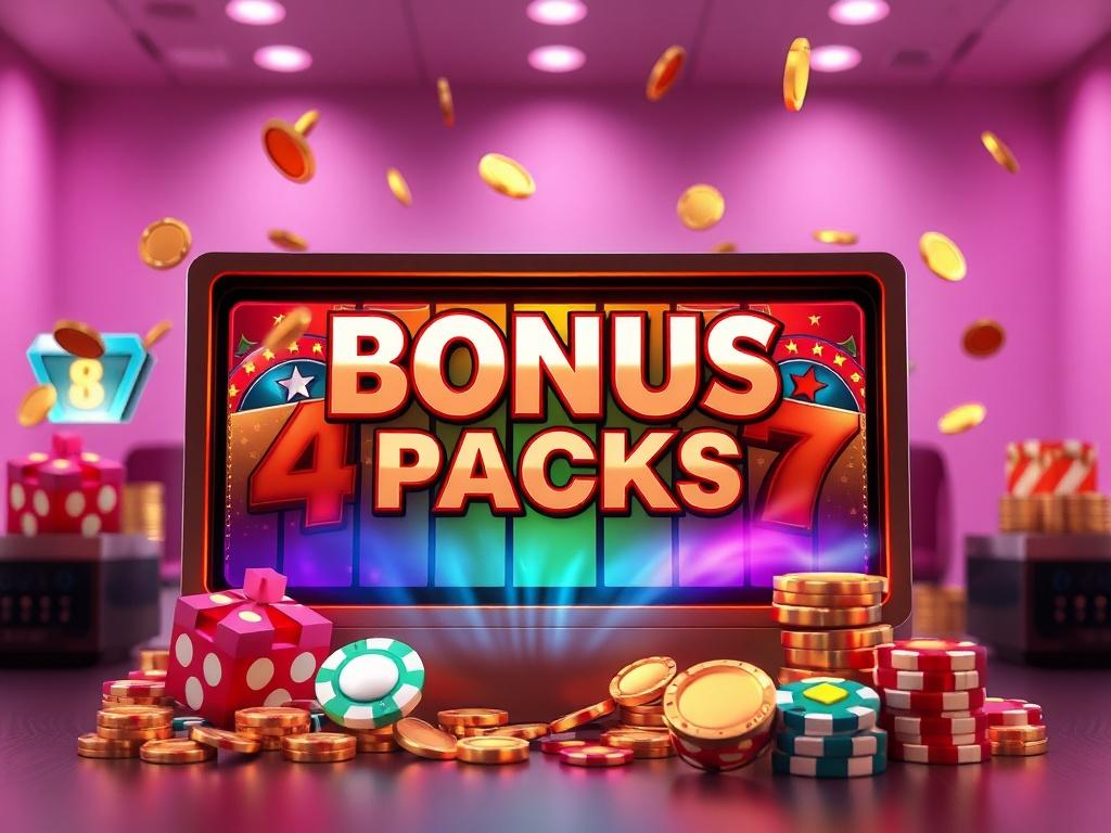 An enticing high-resolution image of a bonus pack display, featuring vibrant colors and symbols of jackpots and bonuses. The background should be minimalistic, focusing on the bonus credits and gaming elements, creating an appealing visual that conveys excitement and opportunity.