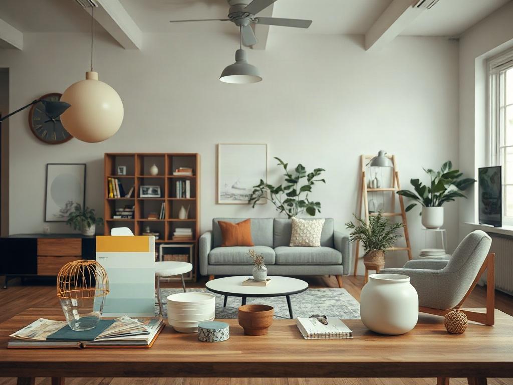 A high-resolution image of a renovation kit displayed in a creative workspace, highlighting the various components like paint swatches, lighting fixtures, and modern furniture. The focus should be on the quality and variety of materials included in the kit.