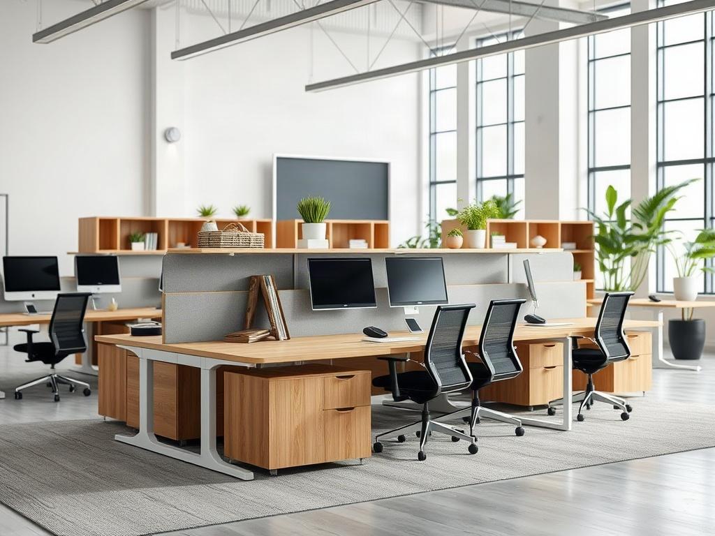 A close-up shot of a modular office system in a contemporary workspace, showcasing its flexible design and sustainable materials. The background should be minimalist, emphasizing the modern aesthetics and functionality of the office furniture.