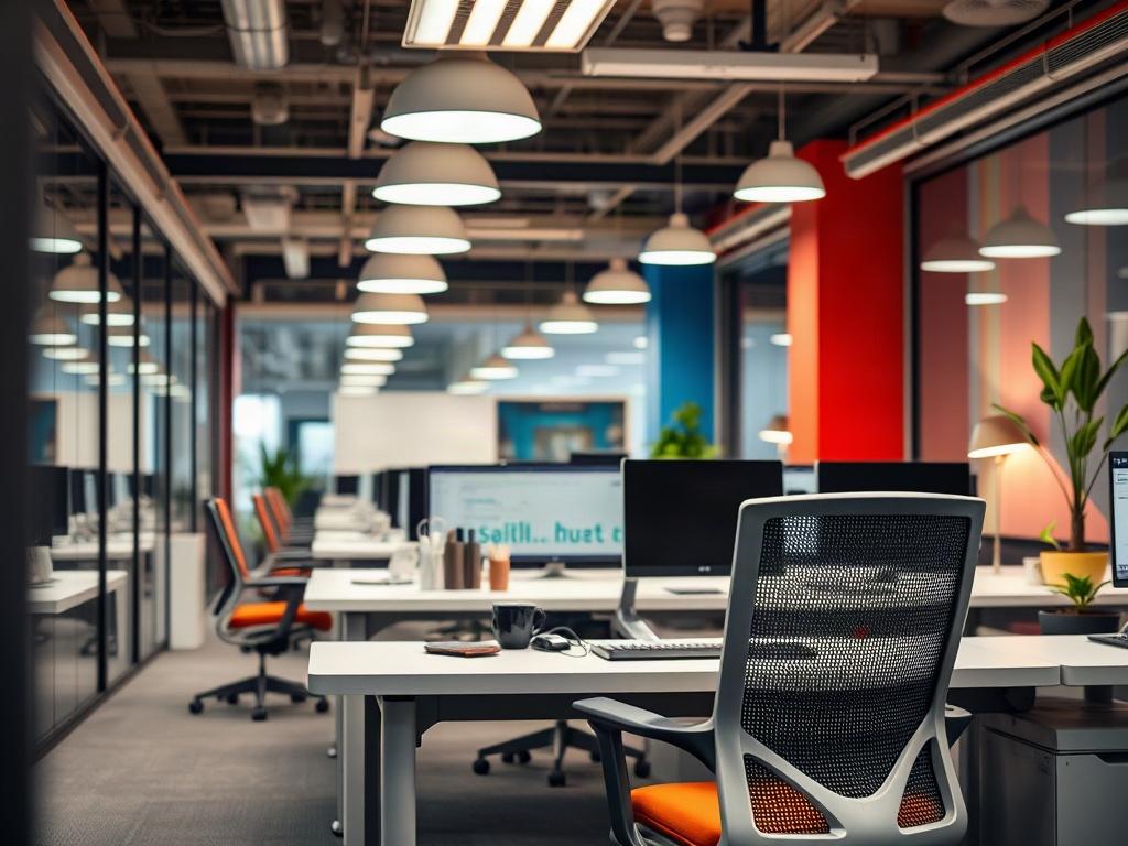 A close-up image of an updated office space, featuring modern lighting, ergonomic furniture, and a vibrant color scheme. The setting should convey a sense of productivity and comfort, showcasing the benefits of an office retrofit.