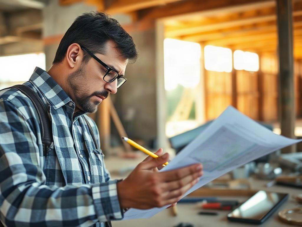 A close-up shot of a construction planner reviewing blueprints on a construction site. The planner is focused and engaged, with a pencil in hand, surrounded by tools and materials. The background shows partially constructed walls and beams, indicating an active construction environment. The lighting is natural, creating a warm atmosphere, and the overall composition conveys professionalism and attention to detail. The primary color theme is green, reflecting sustainability.