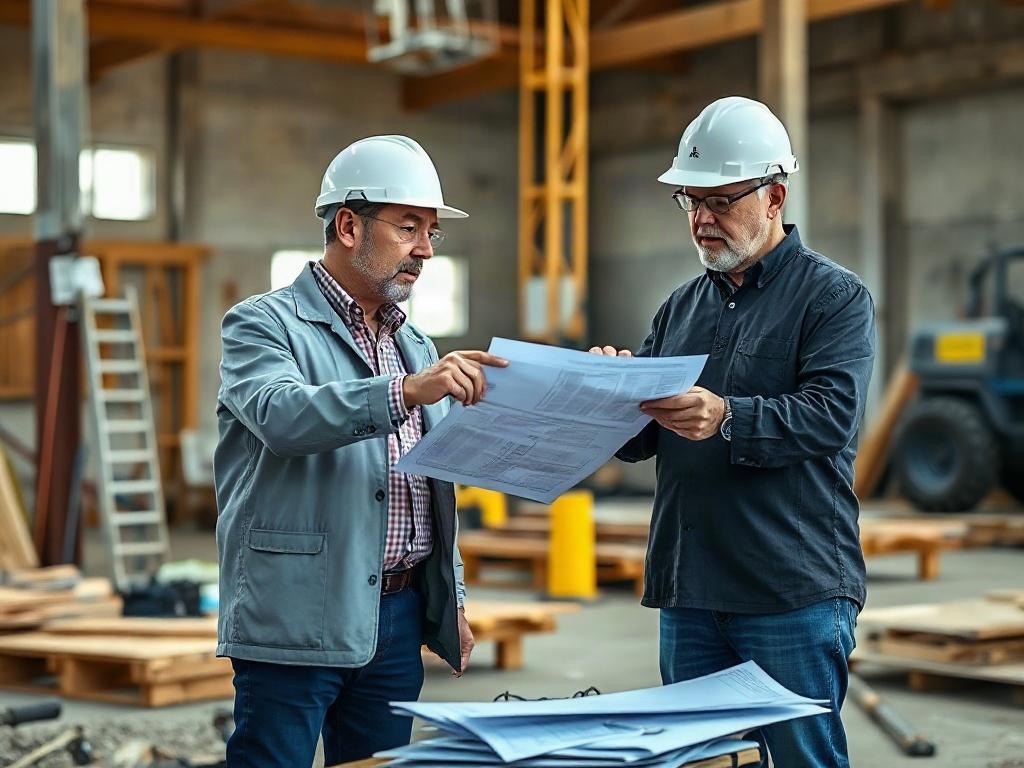 A high-resolution image of a construction consultant discussing plans with a client at a project site, surrounded by construction materials and equipment. The consultant is pointing at plans, while the client listens attentively, showing a professional and collaborative atmosphere.