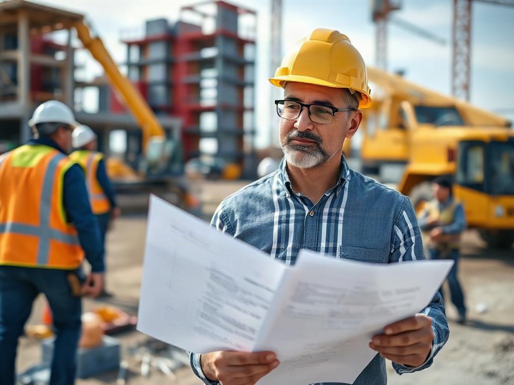 A high-resolution image of a construction manager reviewing project plans on a construction site, with construction equipment and workers in the background. The focus is on the manager, holding blueprints, wearing a hard hat, and looking engaged. The scene is well-lit, showing a clear sky, showcasing a collaborative and vibrant construction environment.