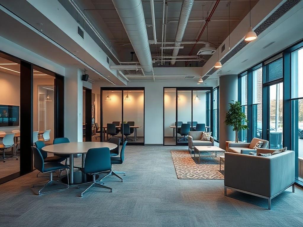 A hyper-realistic close-up shot of a modern office space designed by FOA Construction for QualityFirst™, featuring open collaborative work areas, sleek modular meeting rooms, and stylish lounge areas. The composition should highlight the innovative design elements and energy-efficient lighting, creating an inviting and productive atmosphere. The background should be simple and focus on the workspace's aesthetics, showcasing a blend of functionality and modern design.