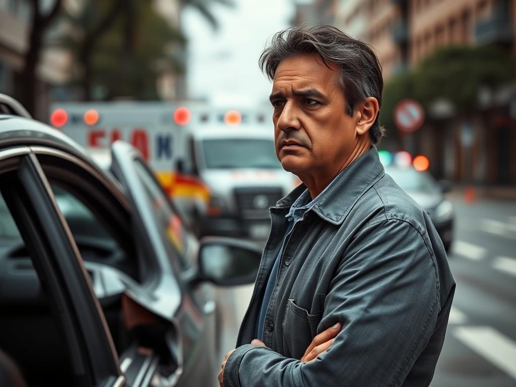 **AI Image Generation Prompt:**

Create a highly realistic high-resolution photo that depicts a thoughtful, middle-aged person of Latin American descent standing beside a damaged car after a traffic accident. The single subject should be positioned prominently in the foreground, looking contemplatively at the scene with a solemn expression, reflecting on the incident. 

The background should be a blurred urban street setting with subtle hints of emergency vehicles (e.g., an ambulance and a police car) in th