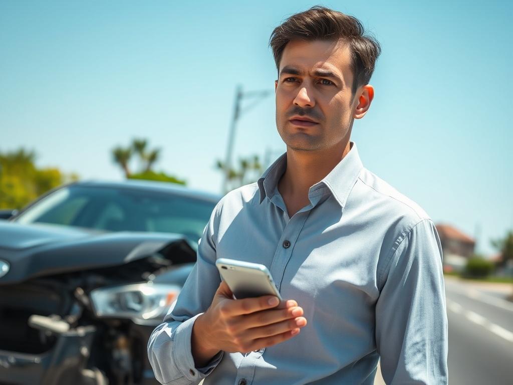 Create a realistic high-resolution photo illustrating the title "Cómo manejar un accidente de tráfico." The composition should feature a solitary individual, a calm and composed adult male or female, standing beside a slightly crumpled car on the side of a suburban road. The person should be dressed in smart casual clothing, holding a smartphone in one hand, as if they are about to call for assistance. Their expression should convey a sense of control and determination.

In the background, include a clear, 
