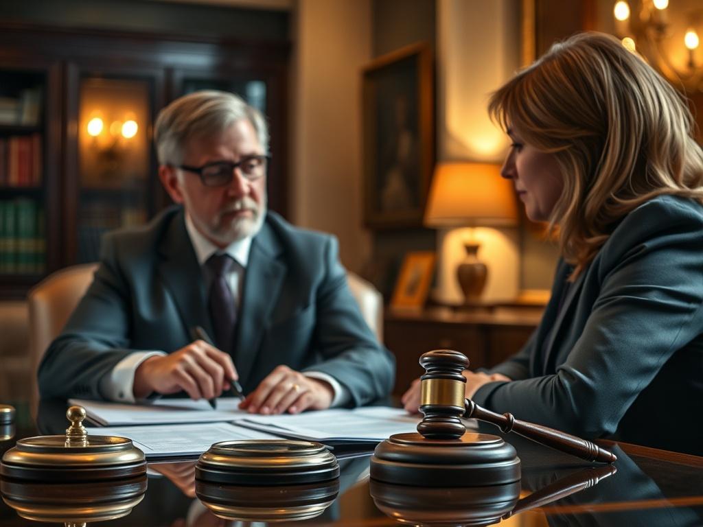 A lawyer sitting at a desk with legal documents and