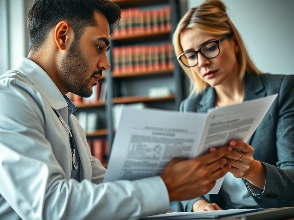 A close up of a lawyer reviewing medical documents with