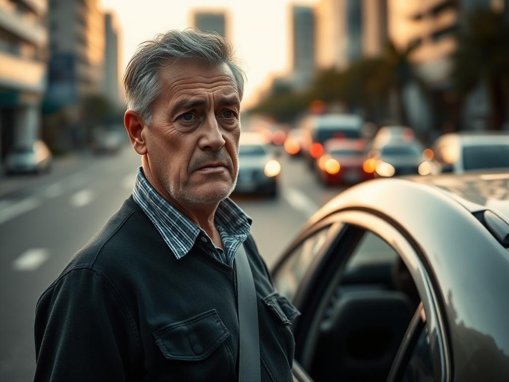 **AI Image Generation Prompt:**

Create a realistic high-resolution photo depicting a concerned driver standing by a damaged car after a traffic accident. The driver should be a middle-aged man or woman with an expression of worry, looking at the other car involved in the accident, which should be visibly damaged yet empty, symbolizing the absence of its driver. The background should feature a busy urban street in Montevideo, with blurred vehicles passing by to represent urgency and movement. Make sure the 